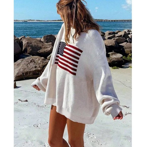 USA flag american 4th of july oversized knit sweater white - Picture 2 of 5